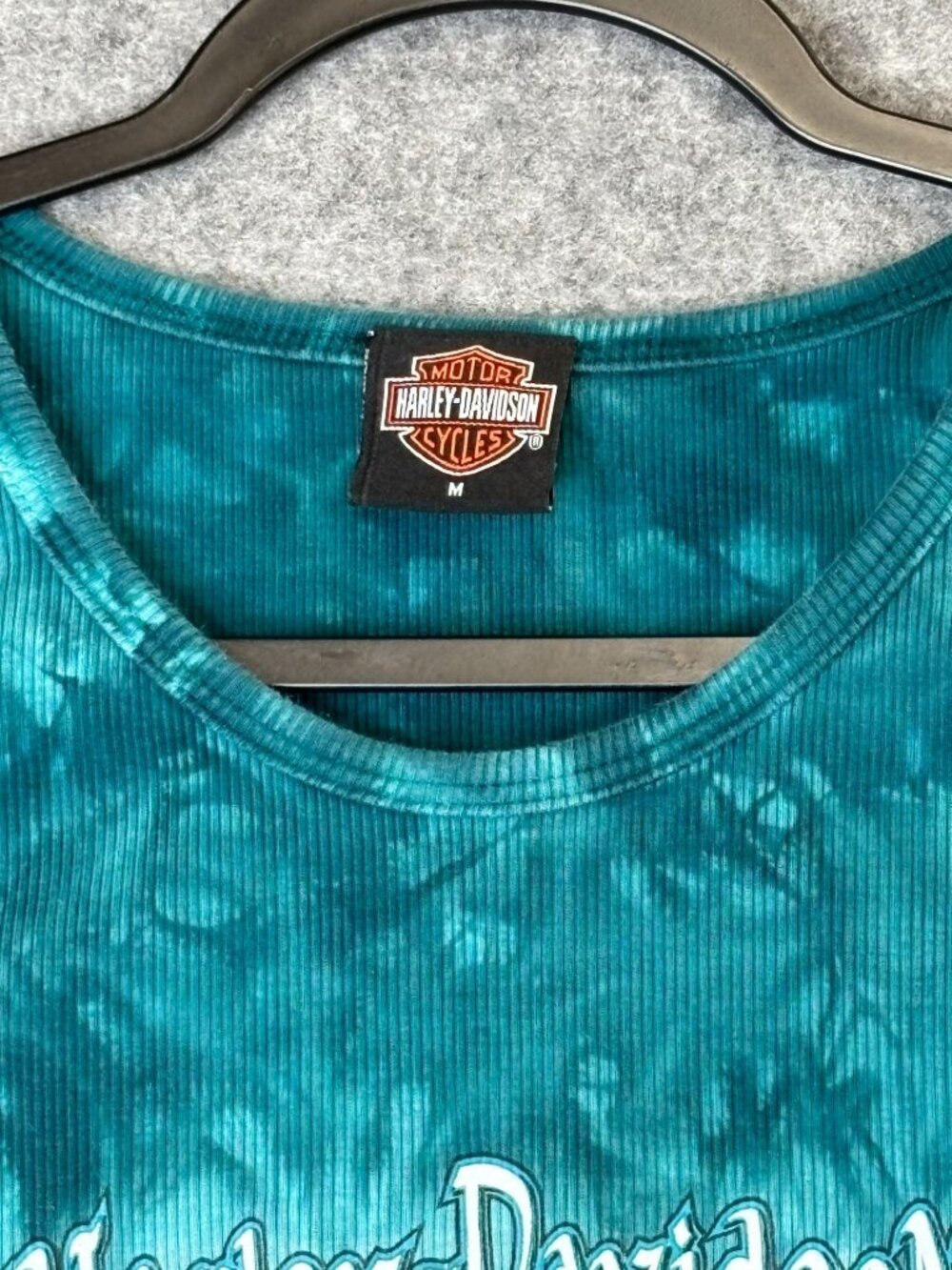 Harley-Davidson Womens Medium Tank Top Teal White Tie-Dye Ribbed Hals New Berlin - Picture 3 of 8